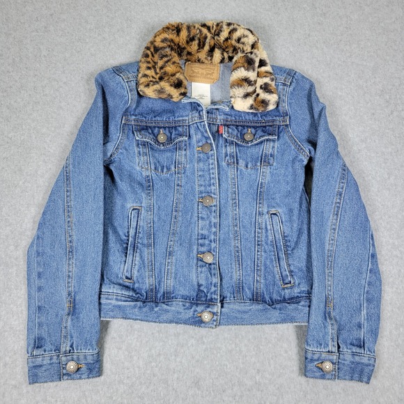 Kids Levi Strauss Denim‎ Jacket Faux Fur Collar Leopard Print Size 10/12 Years - Picture 2 of 14